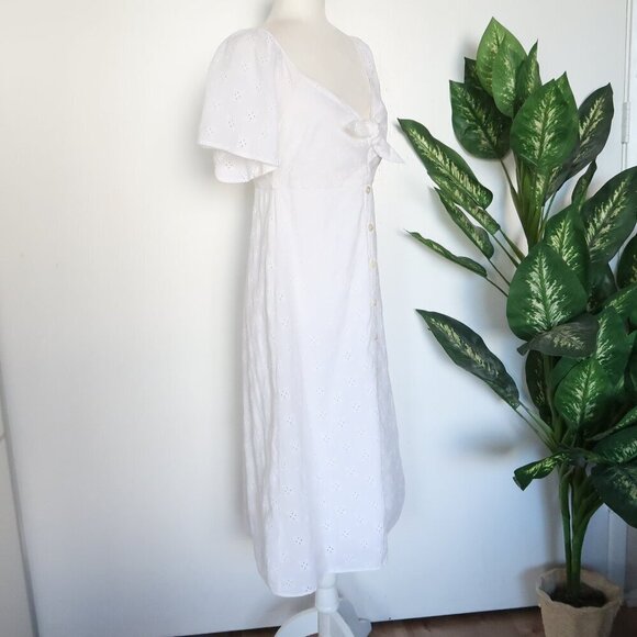 Madewell White Cotton Eyelet Embroidery Tie Front Keyhole A-line Midi Dress 2 - Picture 8 of 15